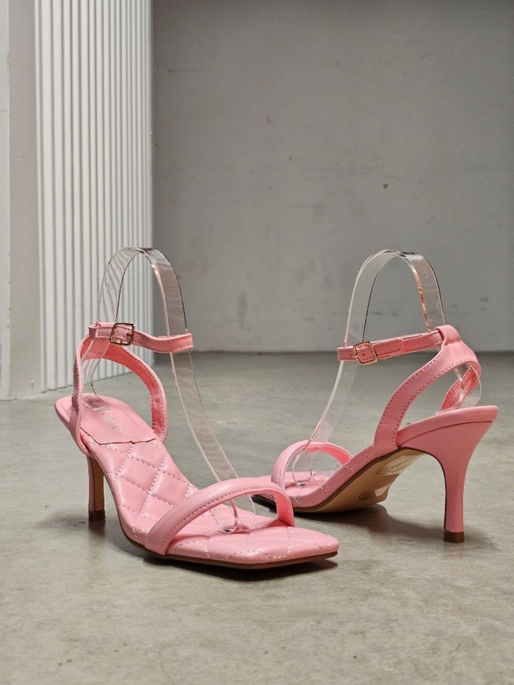 Quilted Pink Strappy Heels With Adjustable Ankle Strap & Square Toe Design Elega